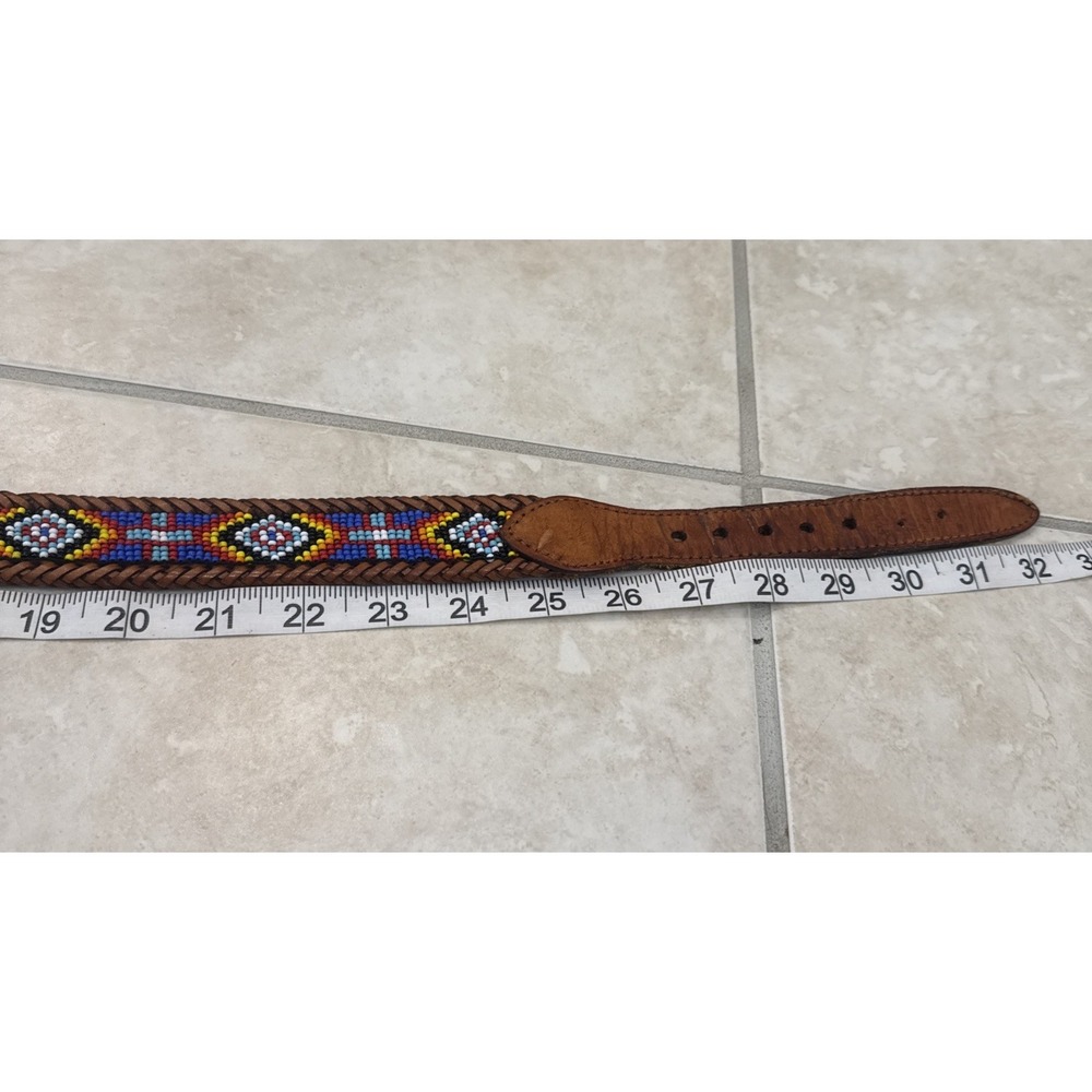 Vtg Southwestern Western Brown Leather Beaded Belt Sz 28 Native American Folk - Picture 8 of 11